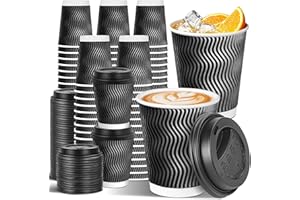 Sipthene 100 Pack 8 oz Disposable Coffee Cups with Lids, to Go Insulated Thick Coffee Cups for Hot/Cold Beverage, Corrugated 