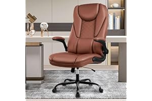 Guessky Office Chair, Executive Office Chair Big and Tall Office Chair with Flip-Up Arms High Back Desk Chair Leather Chair with Lumbar Support, Brown