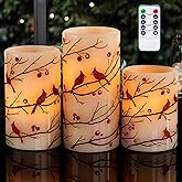 HN HAIINAA Cardinal Flameless Candles with Timer, Battery Operated Led Flickering Light, Red Bird Real Wax Pillar Candles for Christmas Home Decoration(Set of 3, 3”x4”5”6”)