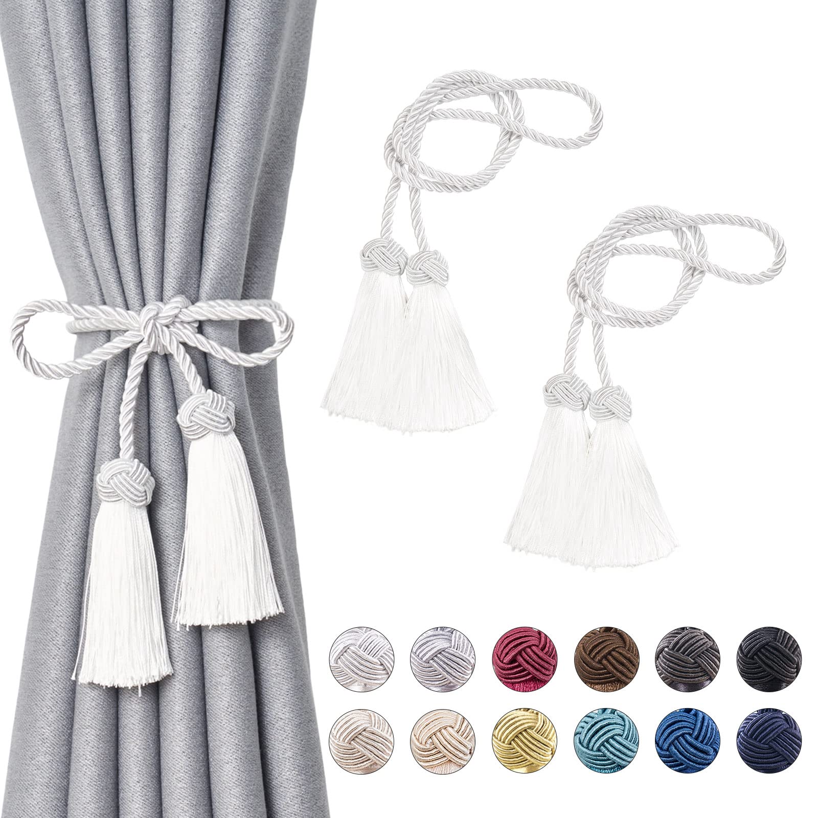 Pretty Jolly 2 Pack Double-ended Tassel Curtain Tiebacks Handmade Braided Rope Knot Drape Tie Backs European Style Decorative Curtain Holdbacks for Home & Office Window Drapery (White)