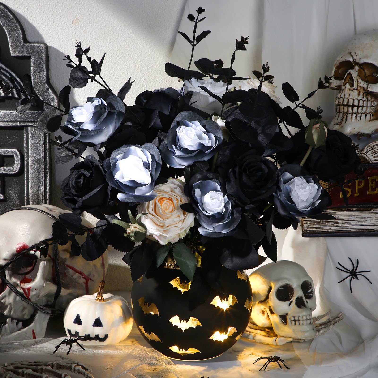 Photo 1 of Wiwiqing Halloween Table Centerpieces, Halloween Vases for Flowers, Black Bat Vase with Light String and Glass Cup for Home Centerpiece Decor DIY Crafts
