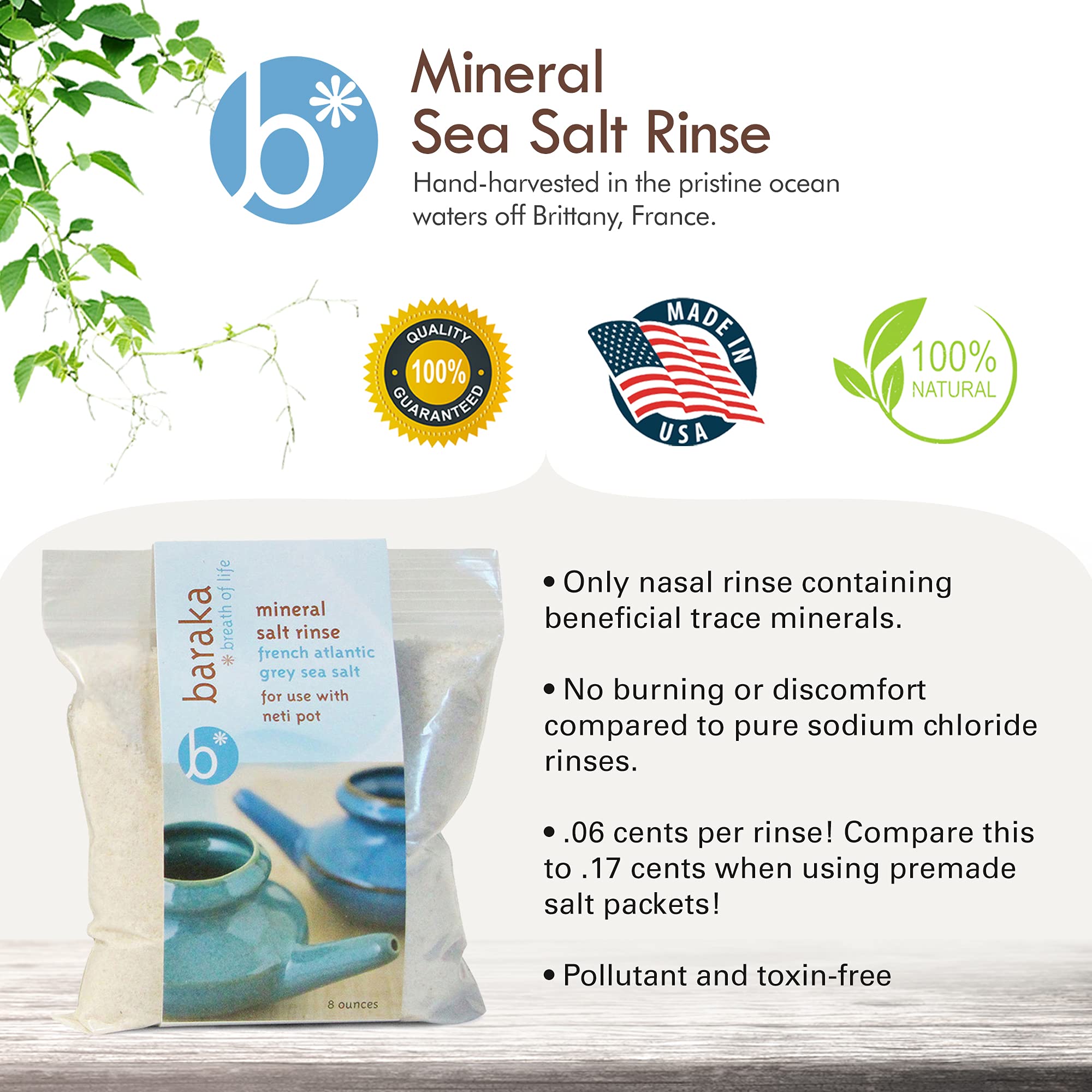 Baraka Neti Pot Sinus Rinse, Neti Pot Mineral Salt, Sinus Rinse Saline Solution, Nasal Salt for Sinus Wash, Sinus Rinse Sea Salt, Nasal Salt for Sinus, Mineral Sea Salt Rinse - (8 oz - 3 Pack)