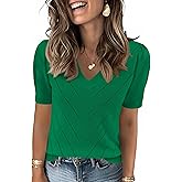 LOMON Womens Sweaters Puff Short Sleeve Lightweight Knit Summer Fall Tops Dressy V-Neck Work Blouses Business Casual Outfits