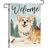 DLZDN Welcome Winter Corgi Garden Flag 12×18 Inch Double Sided Vertical Burlap Farmhouse Yard Flag Christmas Winter Outdoor House Decoration