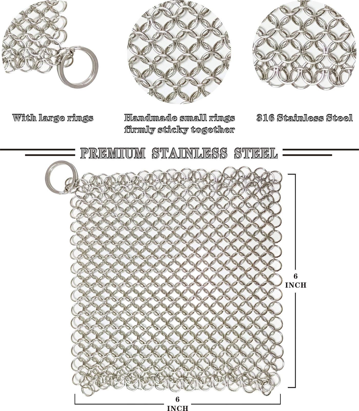 BabriInta Cast Iron Scrubber - 6 Inch Stainless Steel Chain mail Scrubber for Cast Iron Pans Cleaner Chainmail Scrubber for Skillet, Wok, Pot, Dutch Ovens