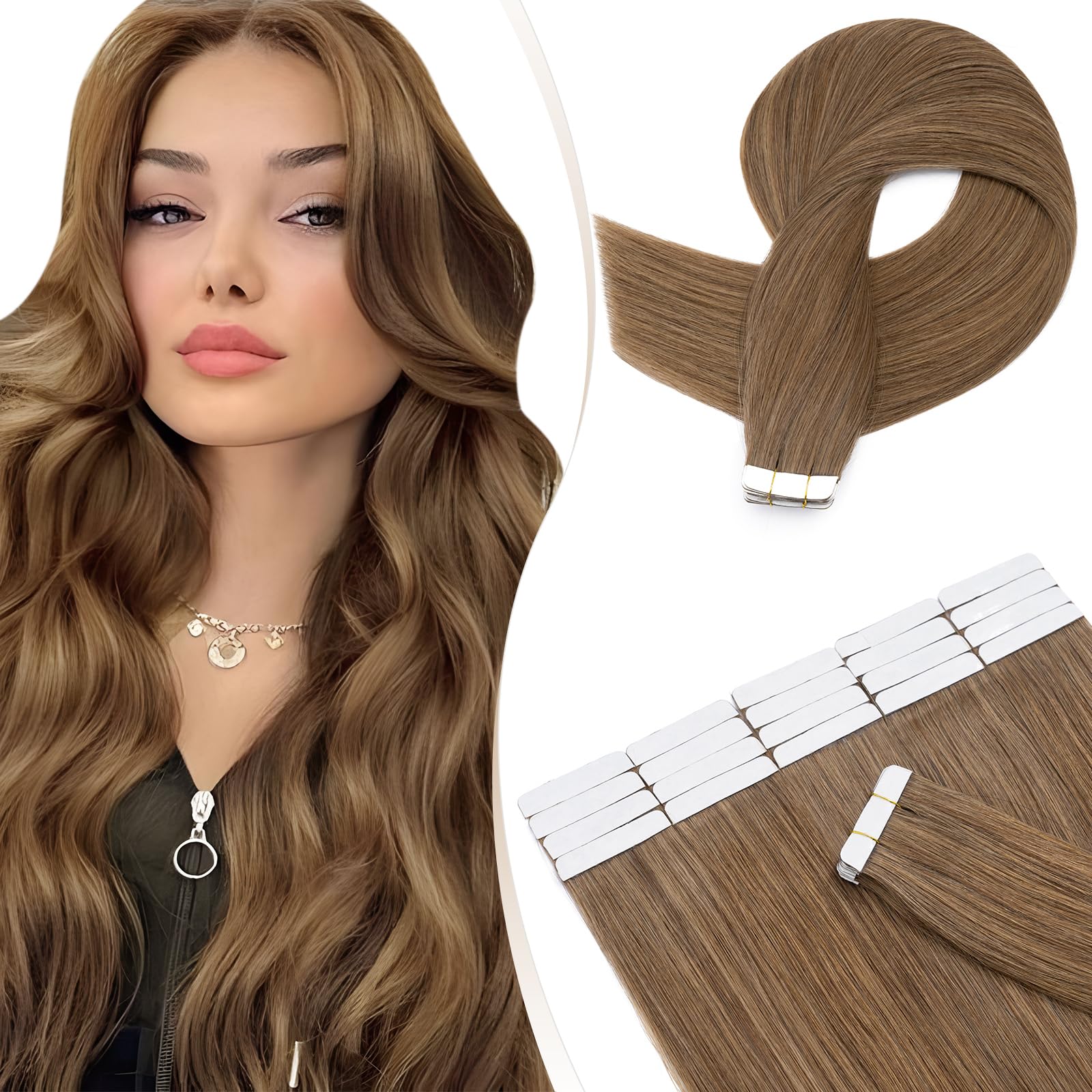 Elailite Tape in Hair Extensions Real Human Hair 20 Pcs 30g Invisible Thin Type - Seamless Skin Weft Remy Hair Extension (#6 Light Brown, 18 Inch) โ image 1