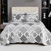 Cmfshape Summer Floral Queen Bedspread,Romantic Grey Quilt Set Full,Reversible Stitched Bedding Set All Season,Soft Lightweight Coverlet with Pillow Cases (Dark Grey, Queen90 x90)