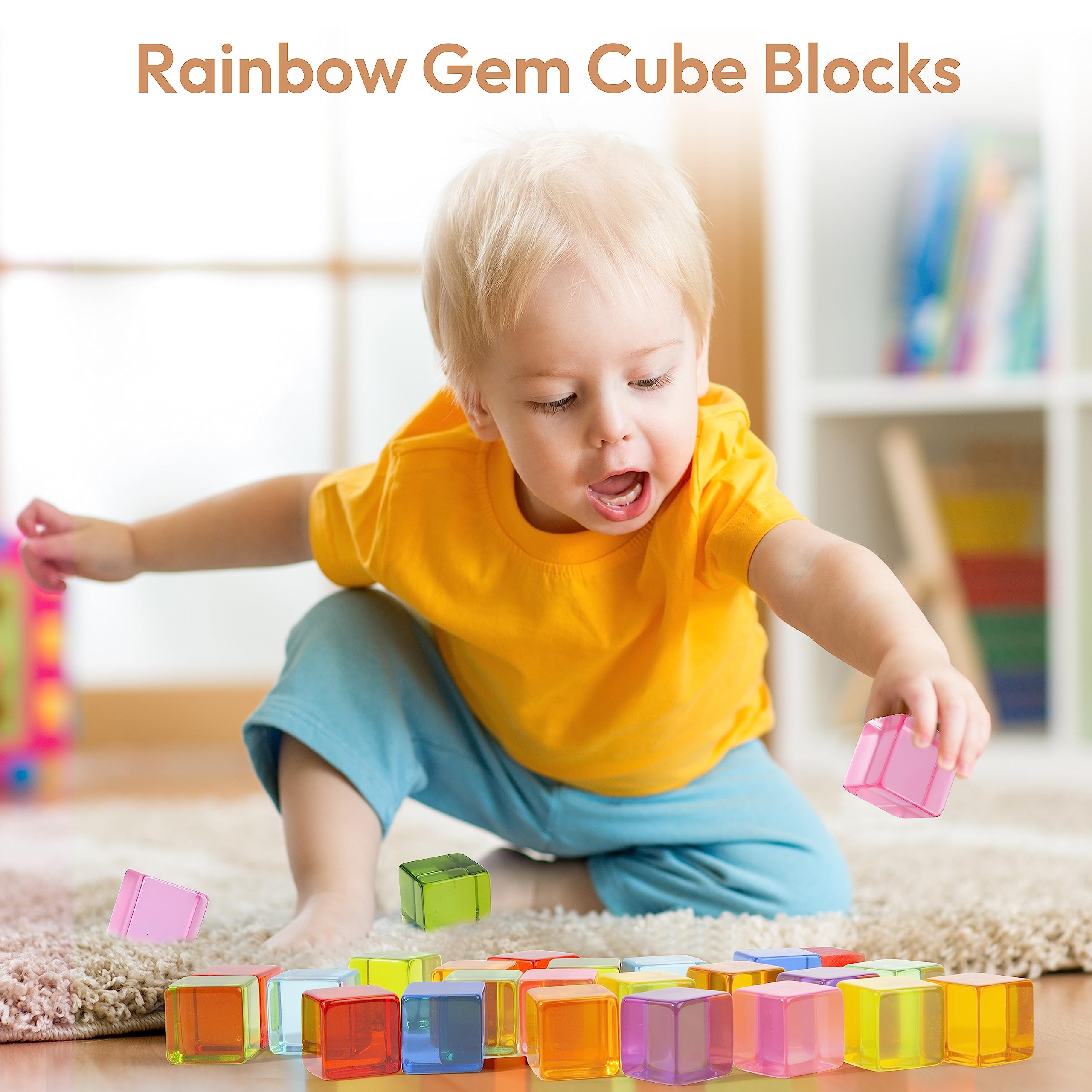 Woodtoe Wooden Building Blocks Set for Kids, 36 PCS Rainbow Acrylic Gem Cubes Blocks - 3 Wood House, Montessori Stacking Toy for Toddlers, Educational STEM Christmas Toys for Boys Girls 3-6