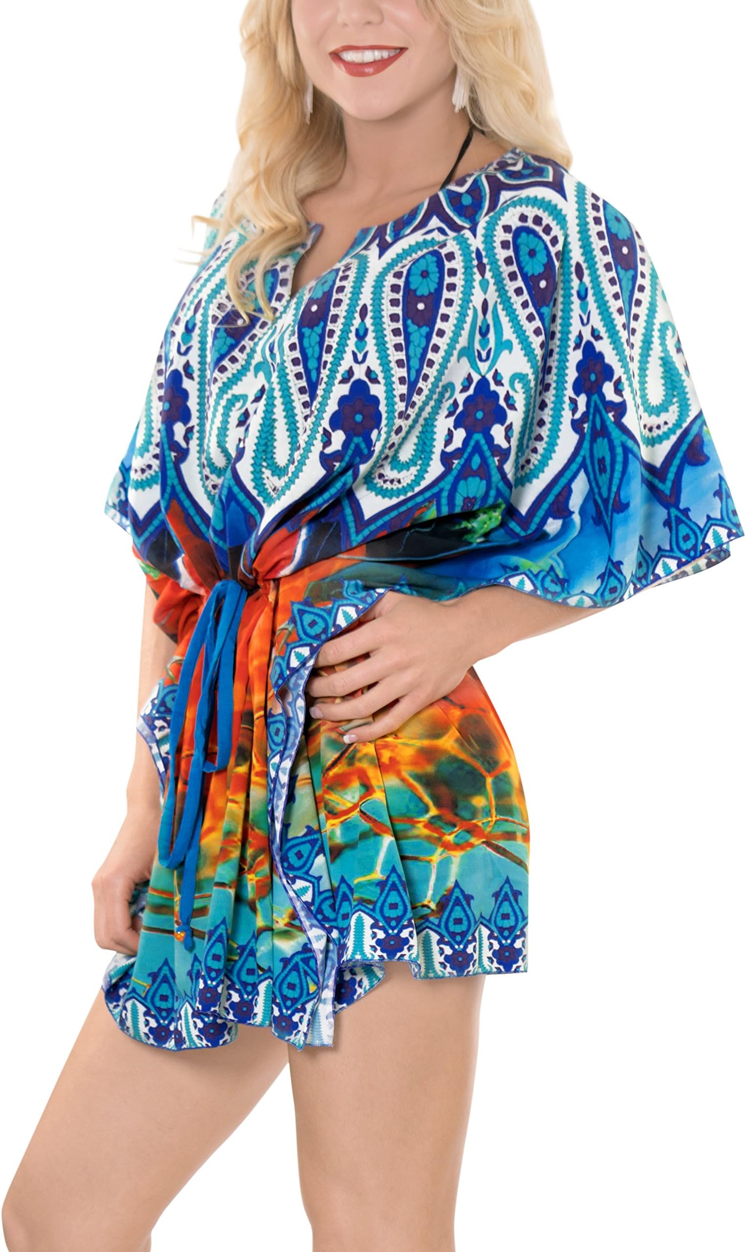 Ladies 3D HD DRT Beach Wraps and Cover ups Women's Bohemia Beach Dress Short Sleeves Boho Drawstring Swimwear for Holiday Beachwear Bikini Loose Bathing Suit