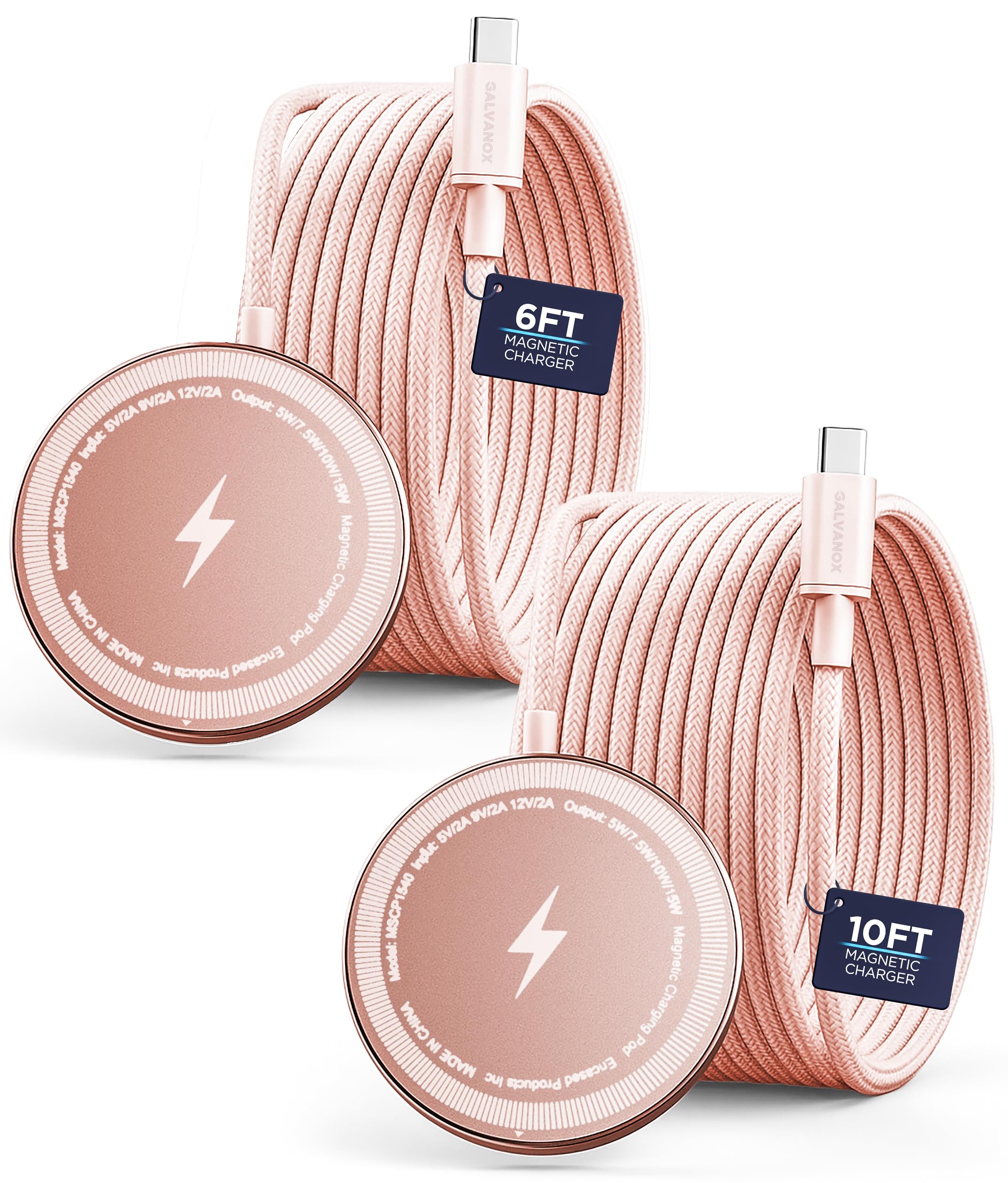 Magnetic Wireless Charger, 15W Fast Charging, 2-Pack with 10ft & 6ft Braided USB-C Cables – Compatible with MagSafe for iPhone - Rose Gold