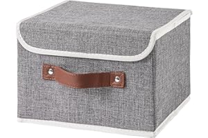 HYVAKUPPA Collapsible Storage Boxes Baskets with Lid Cotton Linen Fabric Storage Bins with Faux Leather Handles Decorative Wa