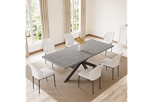 ZckyCine 6-8 People Modern Dining Table Rectangular Kitchen Dining Table Space-Saving Expandable Dining Table Metal Frame (Gray Table + 6 White Chairs)