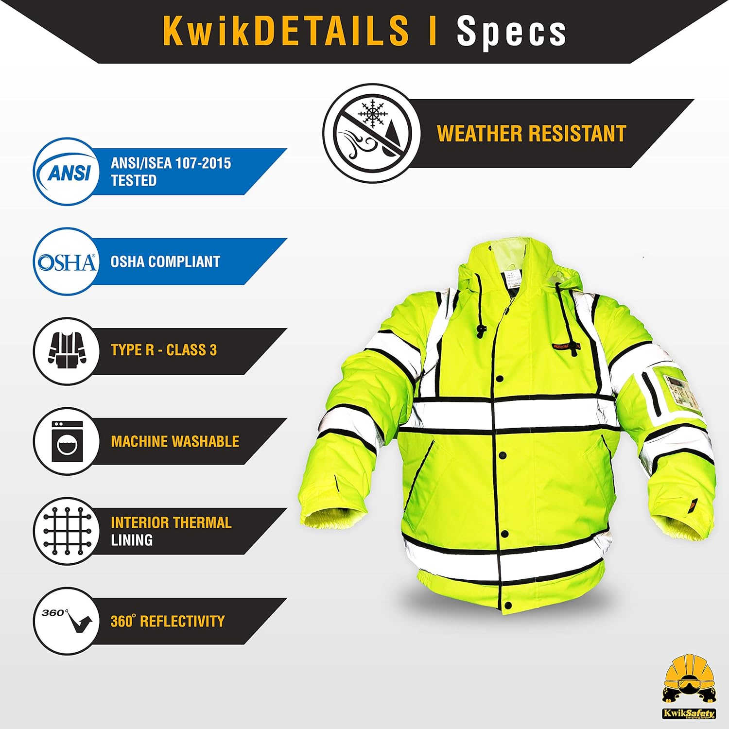 KwikSafety (Charlotte, NC) MARSHAL Bomber Safety Jacket (Multi-Use Rugged) Class 3 Hi Visibility Water Resistant ANSI OSHA Reflective Warm Lightweight Winter Construction Gear Men | Yellow Medium - - 