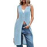 Cakulo Womens 2025 Sleeveless Crochet Cardigans Summer Beach Cover Up Long Sweater Vest Tops Light Blue L