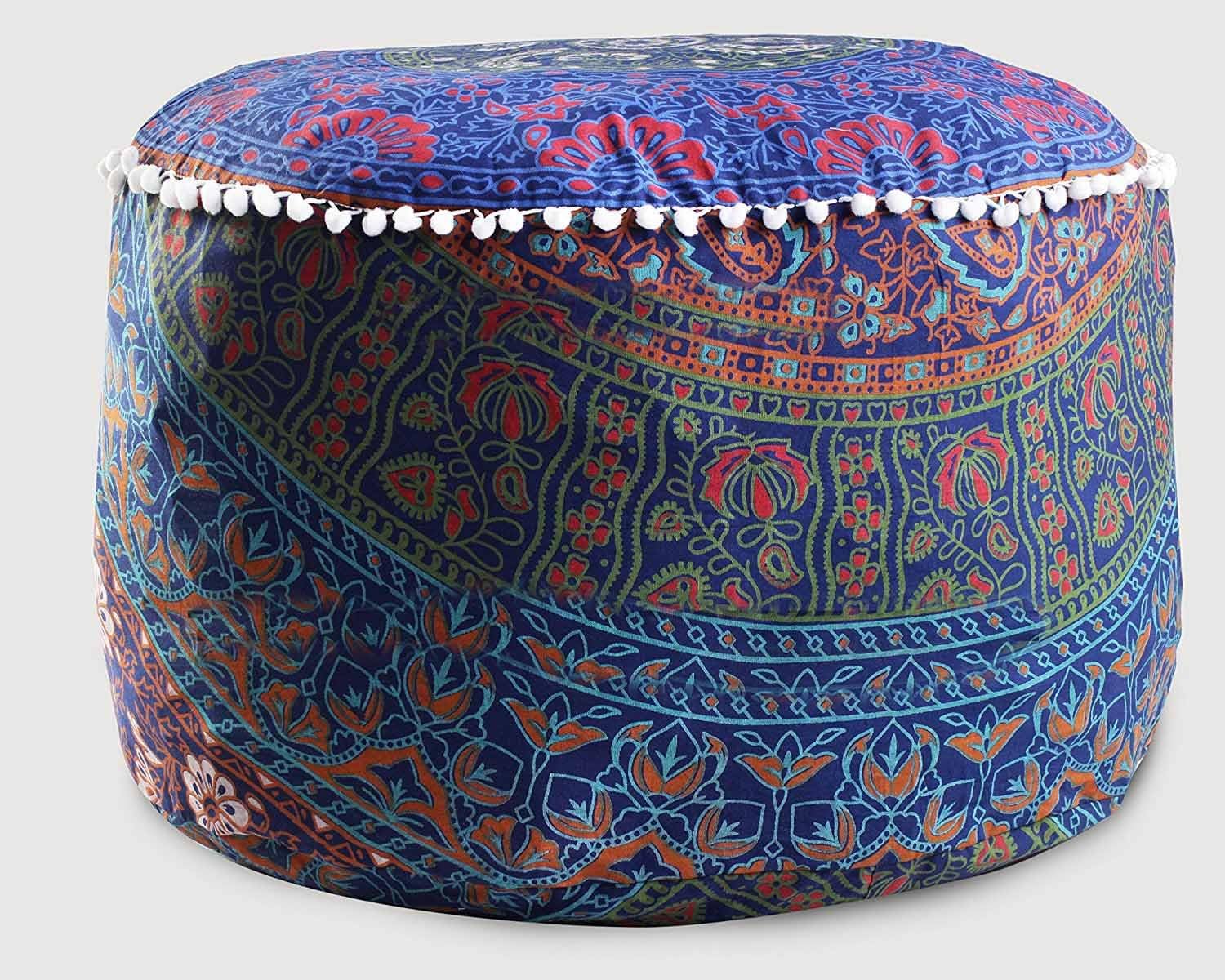 Sophia Art Indian Mandala Tapestry Decorative Floor Designs Cover Ottoman Pouf Cotton Comfortable Indian Cover Cushion Pouf Pillow Indian Indian Ombre Traditional Ethnic Pouf 14” x 24'' (Blue Multi)