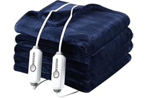 DUODUO Electric Heated Blanket Queen Size 84"x90" with Dual Controls, Reversible Cozy Silky Flannel Fabric with Ribs, Fast Heating with 4 Heating Levels 10 Hours Auto-Off for Bedding-Dark Blue