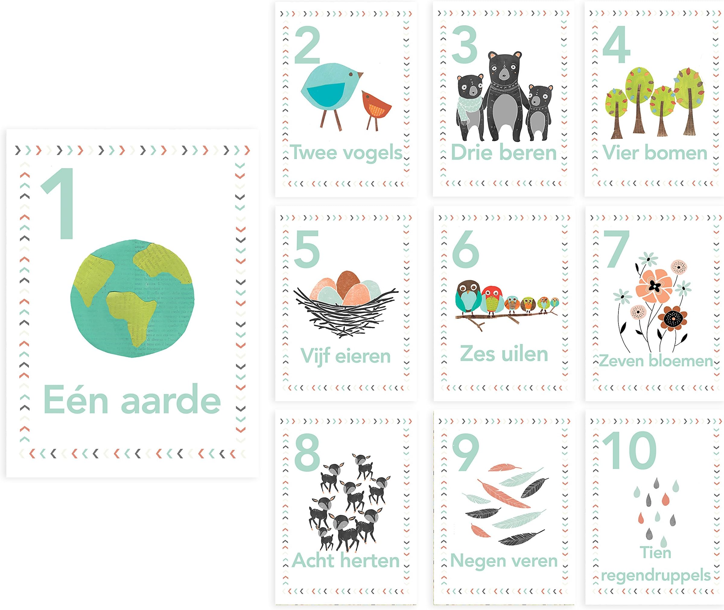 Woodland Number Counting Wall Cards in Dutch, Set of Ten 5x7 Wall Art Prints, Forest Animal Nursery Wall Art Decor, Kid's Art Decor, Gender Neutral Nursery, Nature Themed, Woodland Nursery