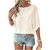 OYOANGLE Women's Textured Bishop Half Sleeve Blouse Boat Neck Summer Dressy Tops