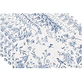 QIYI Boho Placemats Set of 4, 12x18 Inch Linen Fabric Place Mats for Kitchen Dinning, Farmhouse Rustic Floral Cloth Table Mats, Washable Placemat Botanical Party Table Décor, Blue Garden