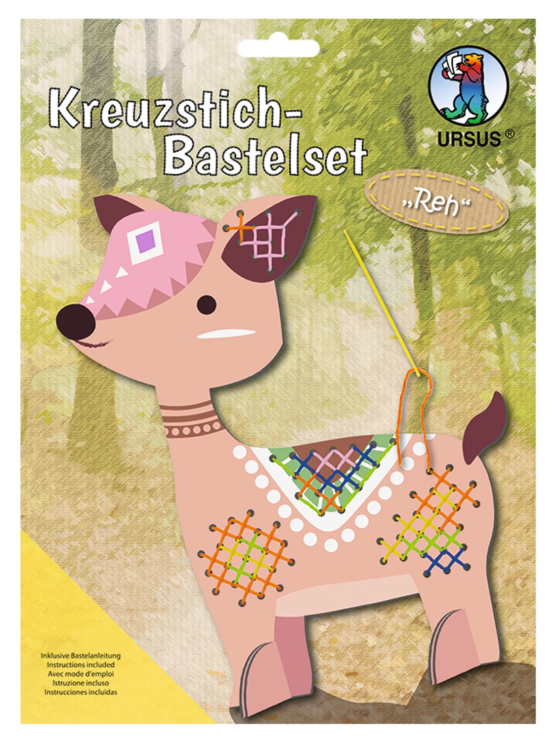 Ursus 21420006F Cross Stitch Craft Kit Deer Animal Motif Stand Approx. 21 x 18 cm Yarn in 5 Each 8 m Long Includes Craft Instructions for Boys and Girls
