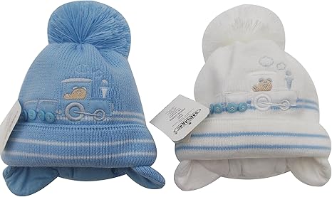 blue and white bobble hat