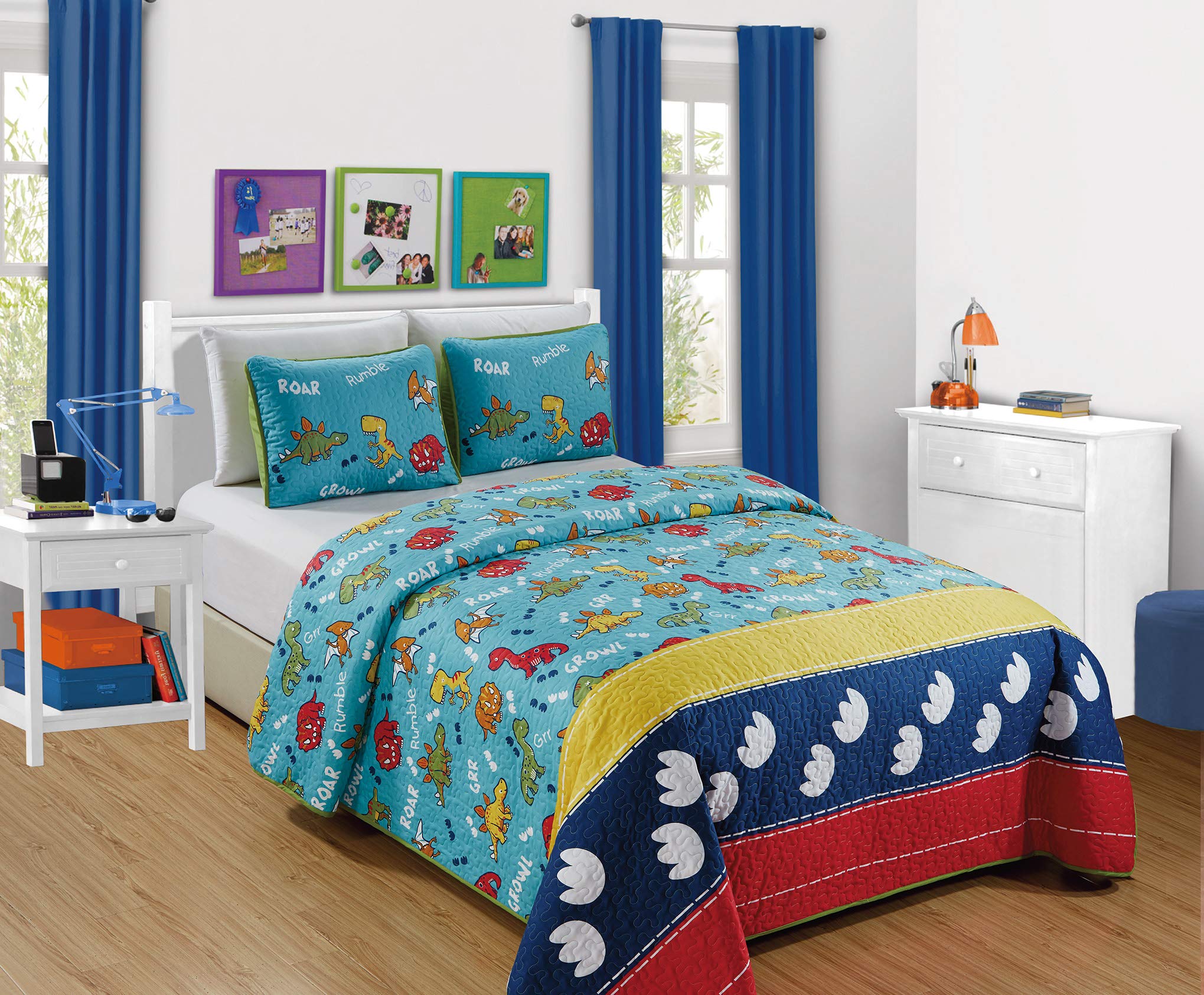Better Home Style Kids Toddler Coverlet Bedspread Quilt Set with Pillowcases (Aqua Dinosaur, Twin)