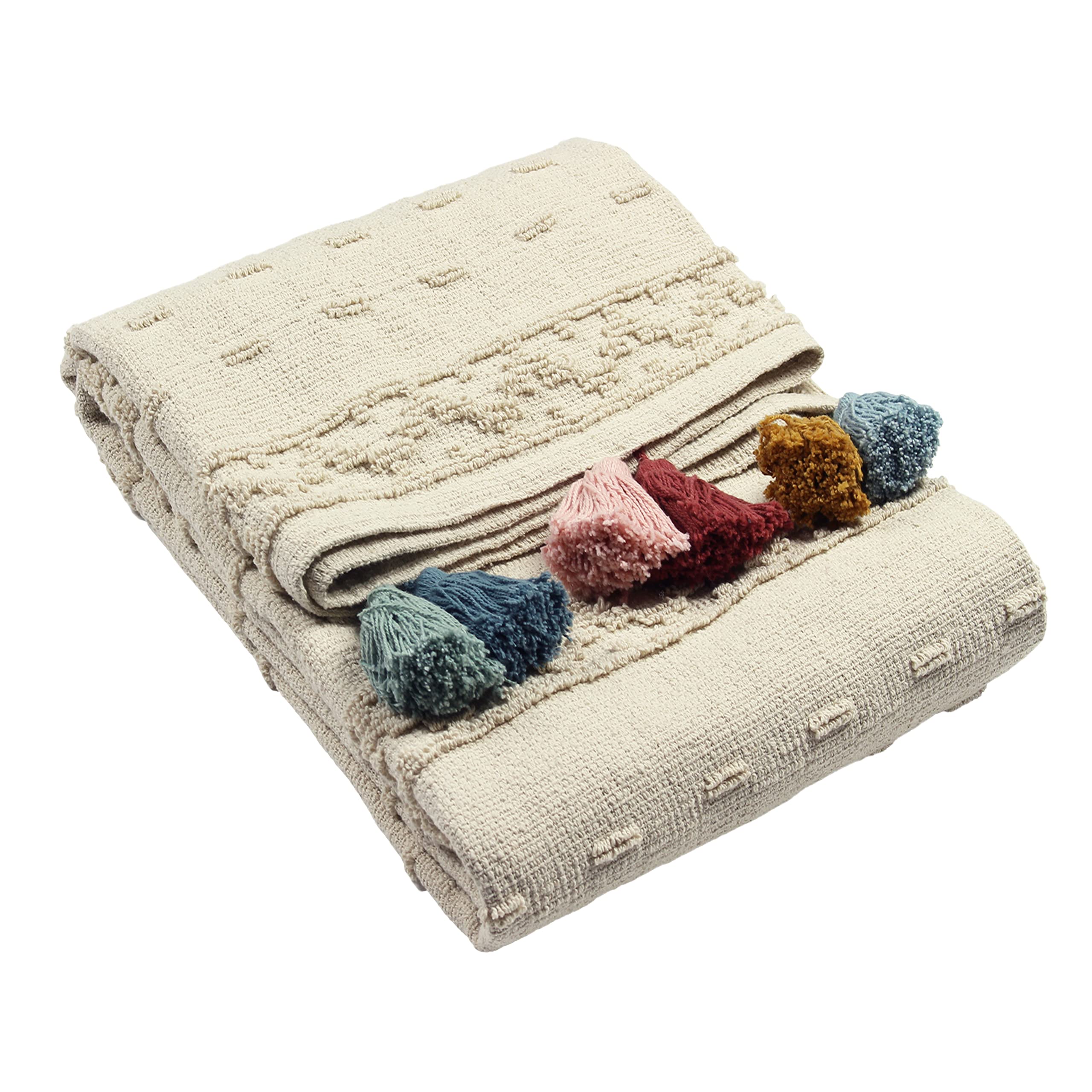 furn. Boho Cotton Tufted Throw – Geometric Pom-Pom Tassel Accent (Multicolour – 130x180cm)