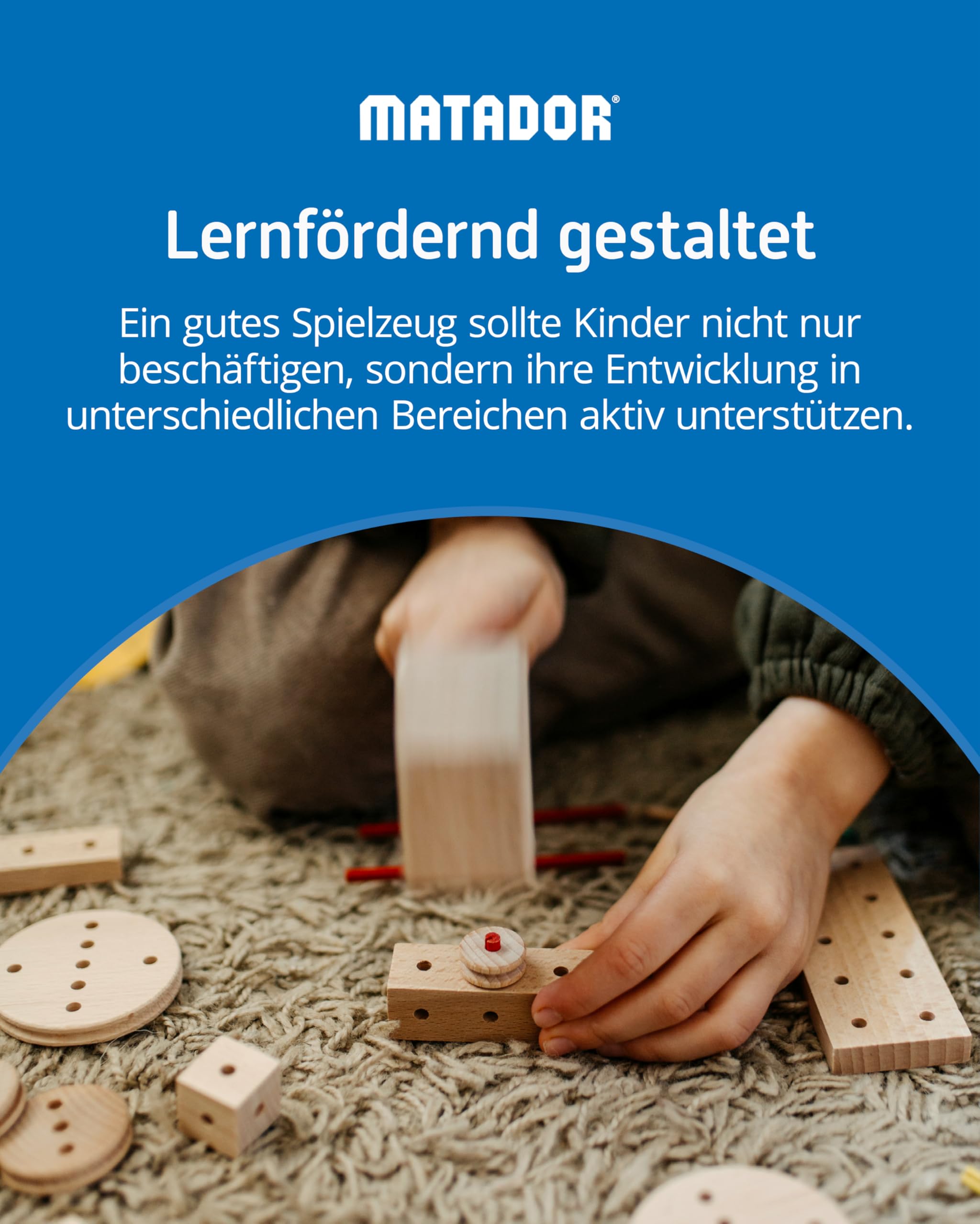 Matador Kinder Baukasten ab 5 Jahren 318-tlg. - Spannendes Holz Konstruktionsspielzeug zur Schulung von Kreativität und Feinmotorik, Bauspielzeug mit Stäbchen, Klötzen, Hammer & Zange 4