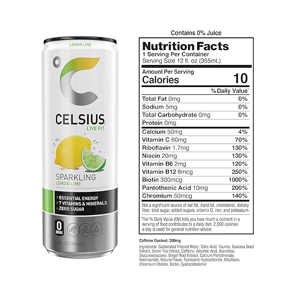 CELSIUS SPARKLING LEMON LIME, FUNCTIONAL ESSENTIAL ENERGY DRINK, 12 FL OZ (PACK OF 12)