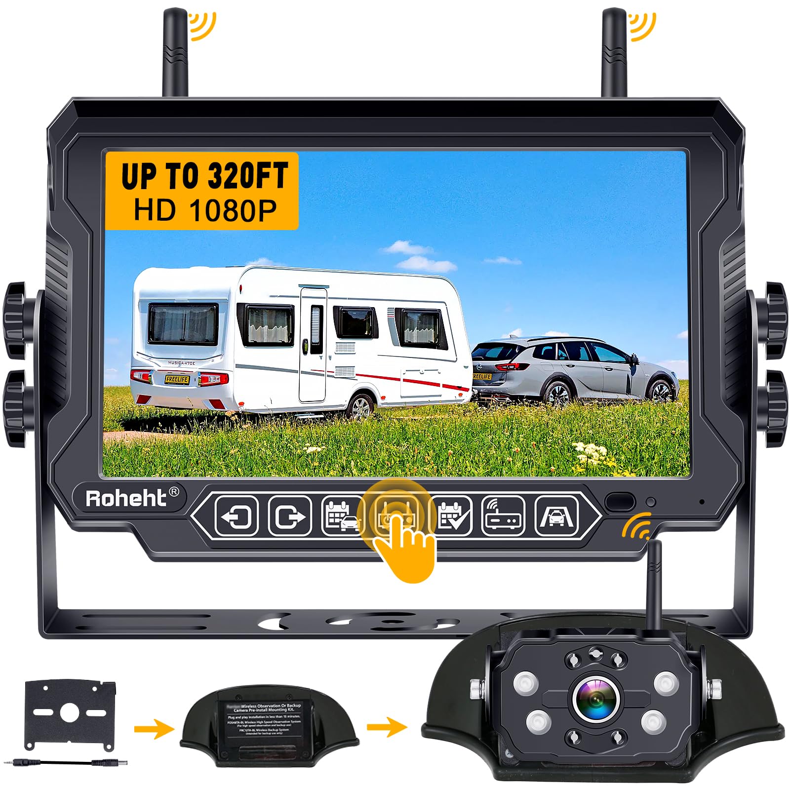 Wireless Reversing Camera HD 1080P 7 Inch Monitor Recording WiFi Signals Waterproof Parking Rear View infrared Cameras for caravan motorhome van truck trailer Night Vision Rohent R9