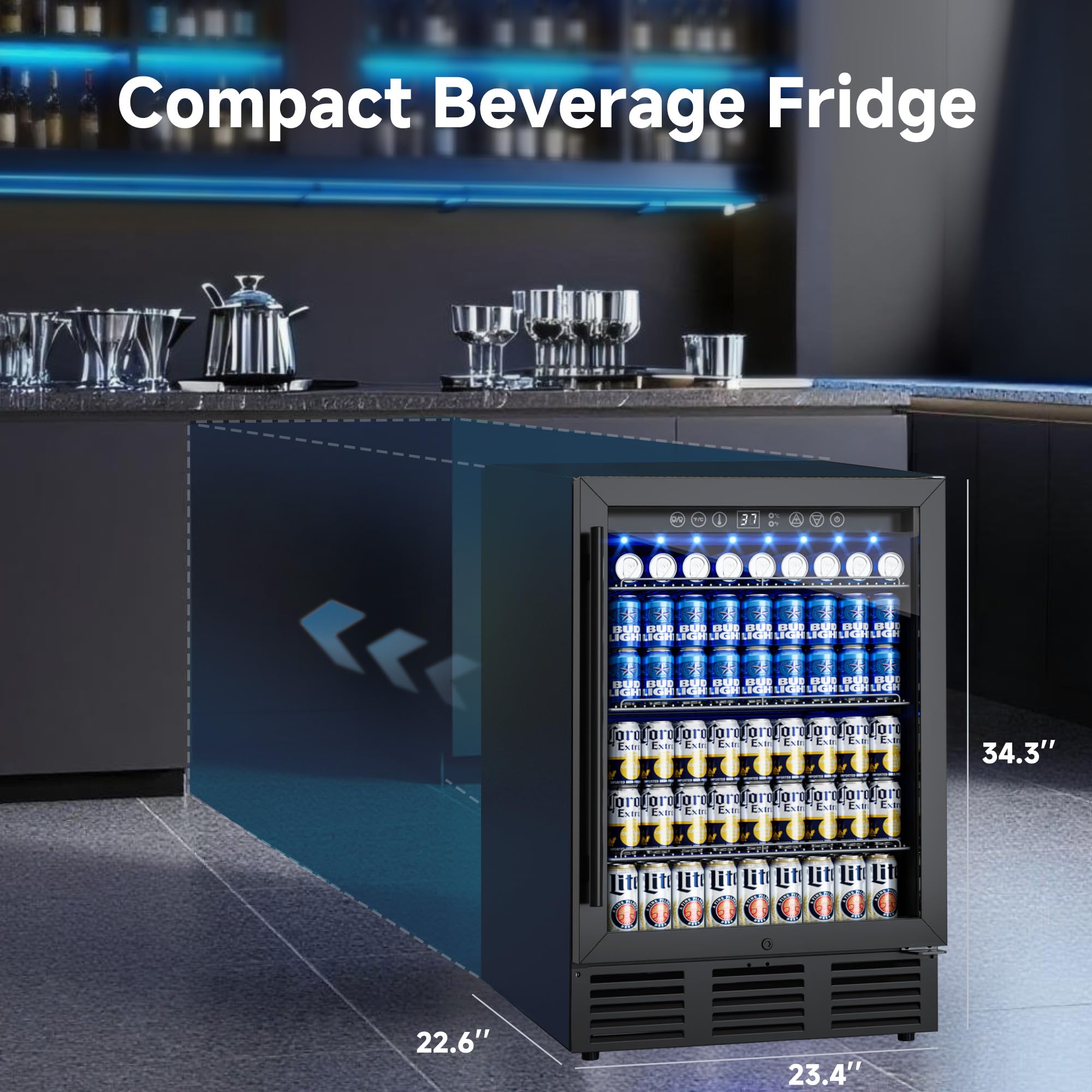 ICEVIVAL Refrigerador de bebidas de 24 pulgadas, 180 latas refrigerador de bebidas debajo del mostrador con puerta de vidrio, luz LED, refrigerador de cerveza incorporado o independiente para refrescos, agua, vino - hogar, bar u oficina