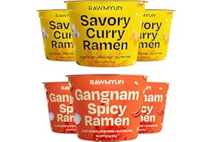 RAWMYUN Gluten Free Healthy Korean Ramen Vegan Superfood Clean Ingredients Plant-Based Cup Noodles made with Organic Rice Noodles Instant Soup | No MSG, Non-GMO, Real Ingredients (3 Gangnam Spicy x 3 Savory Curry)