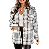 HOTOUCH Womens Flannel Plaid Shacket Jacket Button Down Tartan Trench with Pocket Long Sleeve Cropped Fashion Coat S-XXL