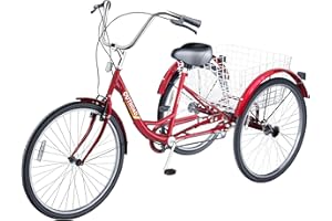 Max4out Adult Tricycle with Large Basket 24/26 Inch, Stable 3-Wheel Cruise Bicycle for Shopping, Beach and City Trike Perfect for Men, Women, Seniors Red/Blue/Purple