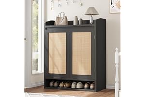 Modern Rattan Shoe Cabinet for Entryway, Wooden Shoe Storage Organizer with Adjustable Shelves, Closed Shoe Rack Cabinet Hold