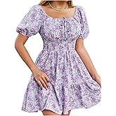 Floerns Women's Boho Square Neck Puff Short Sleeve Self Tie Front A Line Dress