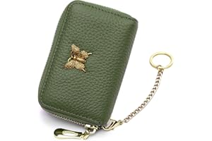 imeetu RFID Credit Card Holder for Women Genuine Leather Card Case Wallet with Zipper and Removable Keychain (Olive Green)