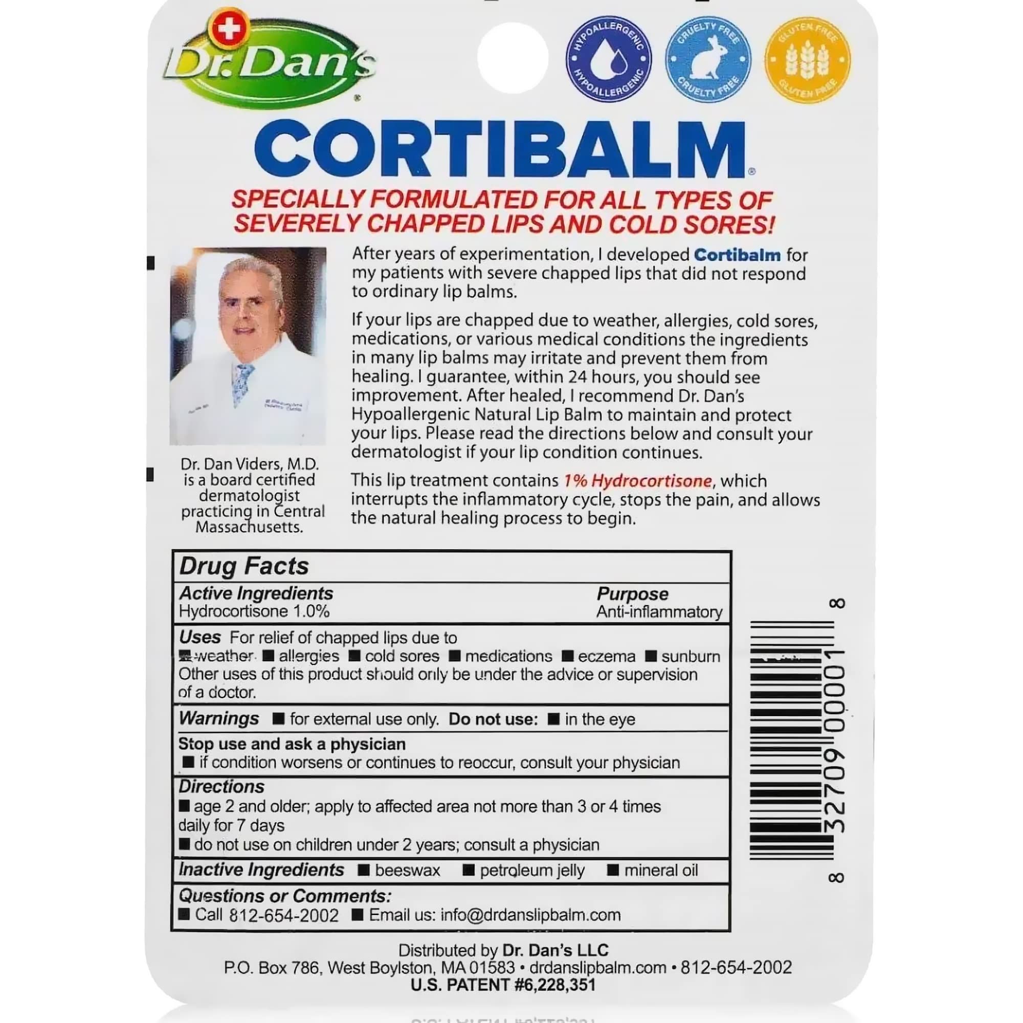 Dr. Dan's Cortibalm - 2 Pack - for Dry Cracked Lips - Healing Lip Balm for Severely Chapped Lips - Designed for Men, Women and Children