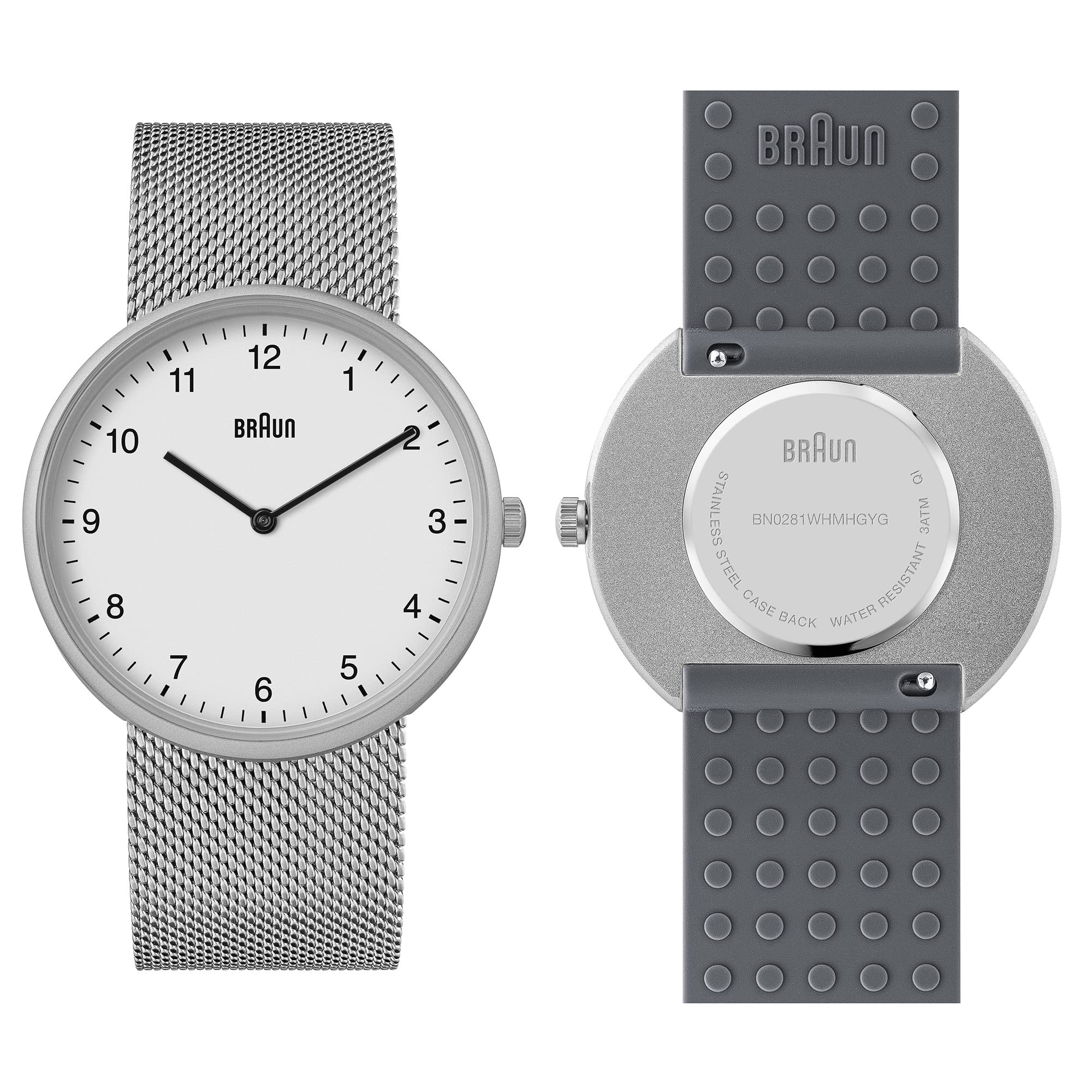 Braun 2-Hand Analogue Quartz Watch, White Dial and Stainless Steel Mesh Strap with Additional Grey Silicone Rubber Strap, Quick-Release Spring Bars, 38mm, Model BN0281WHMHGYG.