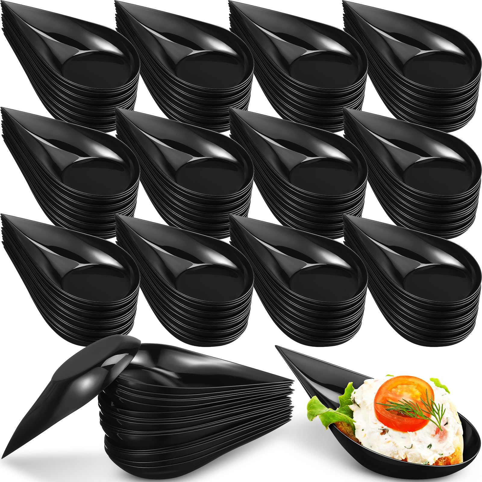 Photo 1 of Gandeer 200 Pcs 4inch Tear Drop Mini Appetizer Plates Spoons Plastic Tasting Spoons, Dessert Bowls & Mini Dessert Containers Disposable Catering Supplies for Parties & Events (Black)