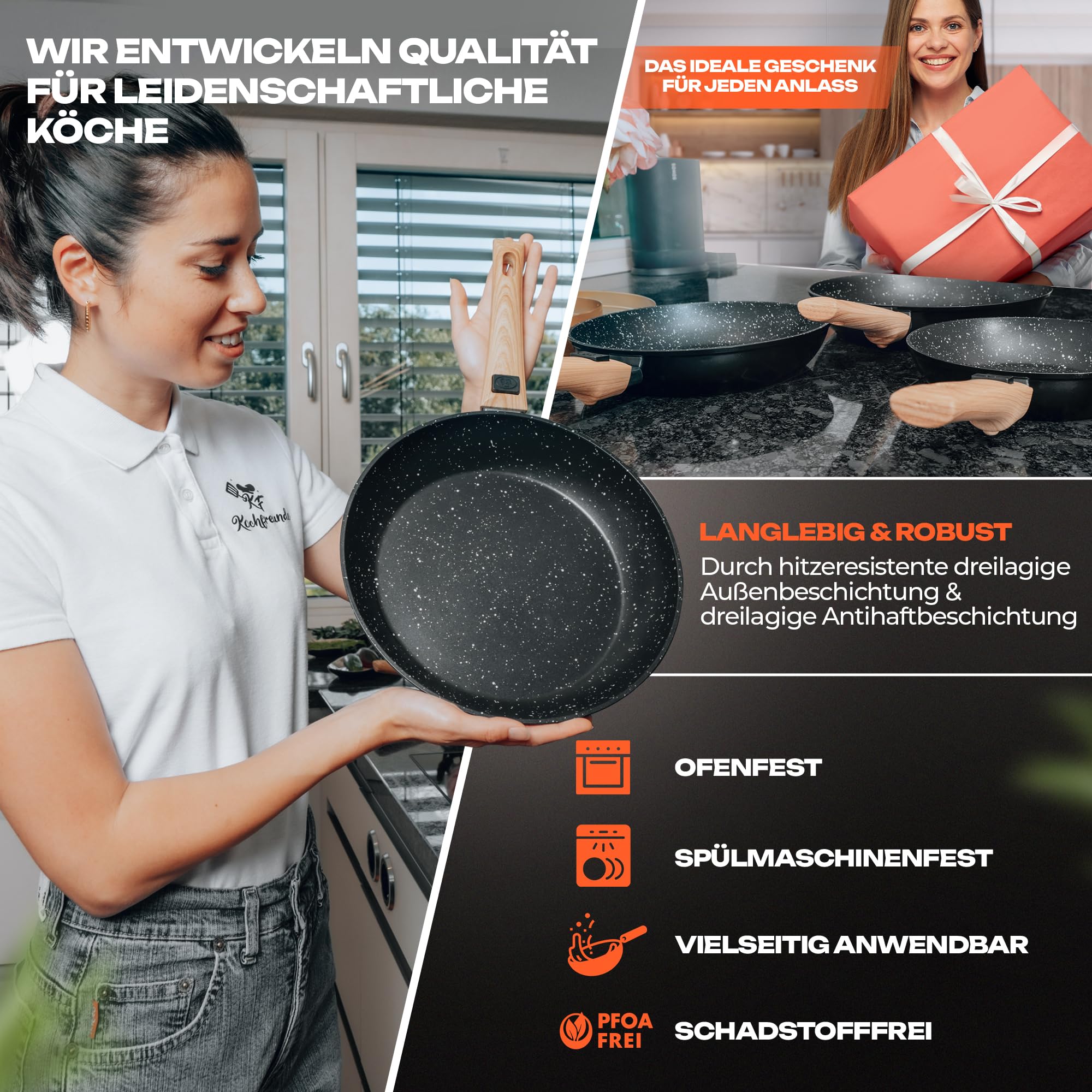Kochfreunde® Pfannenset 3-teilig, Pfanne 20, 24, 28 cm, [Abnehmbarer Griff] Antihaft Beschichtete Bratpfanne Induktion, PFOA-Frei Induktionspfanne, geeignet für alle Herdarten 6