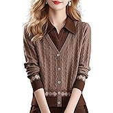 LAI MENG FIVE CATS Women's Fall Sweaters Tops Lapel V Neck Ribbed Knit Color Block Soft Pullover Shirt