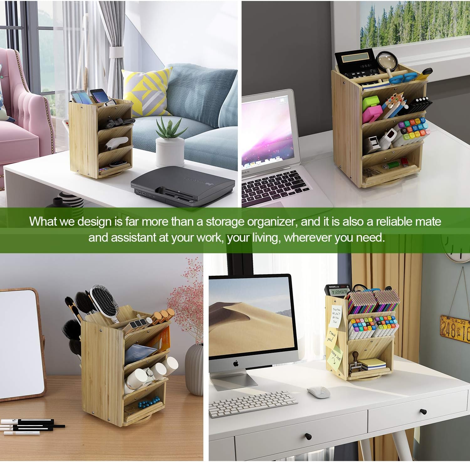 Bamboo Desk Organizer Storage Accessories - Ultra-large 13 compartments, 1000+ Pencil Holder Capacity, Easy DIY Assembly, DF Darfoo Rotating Desktop Organizer for women, Cosmetics, and Office Supplies: Home Improvement