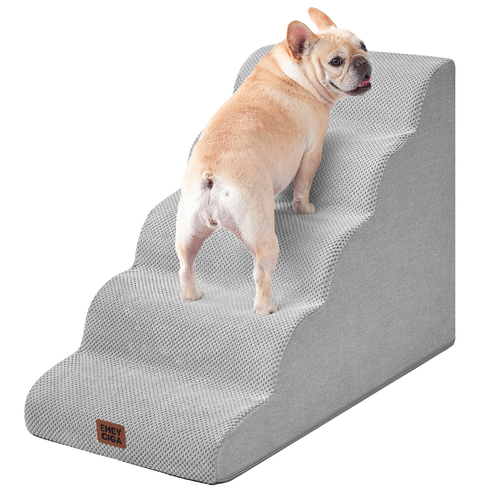 EHEYCIGA Curved Dog Stairs Ramp for High Beds, 5-Step Extra Wide Dog Steps for Small Dogs and Cats, Pet Stairs for High Bed Climbing, Non-Slip Balanced Pet Step Indoor, Light Grey Image