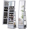 Nicetree 360° Swivel Jewelry Cabinet with Lights, Mirror Jewelry Cabinet Standing, Interior Vanity Mirror, Rotatable Full Length Mirror with Jewelry Storage, Standing Jewelry Armoire Organizer, Grey
