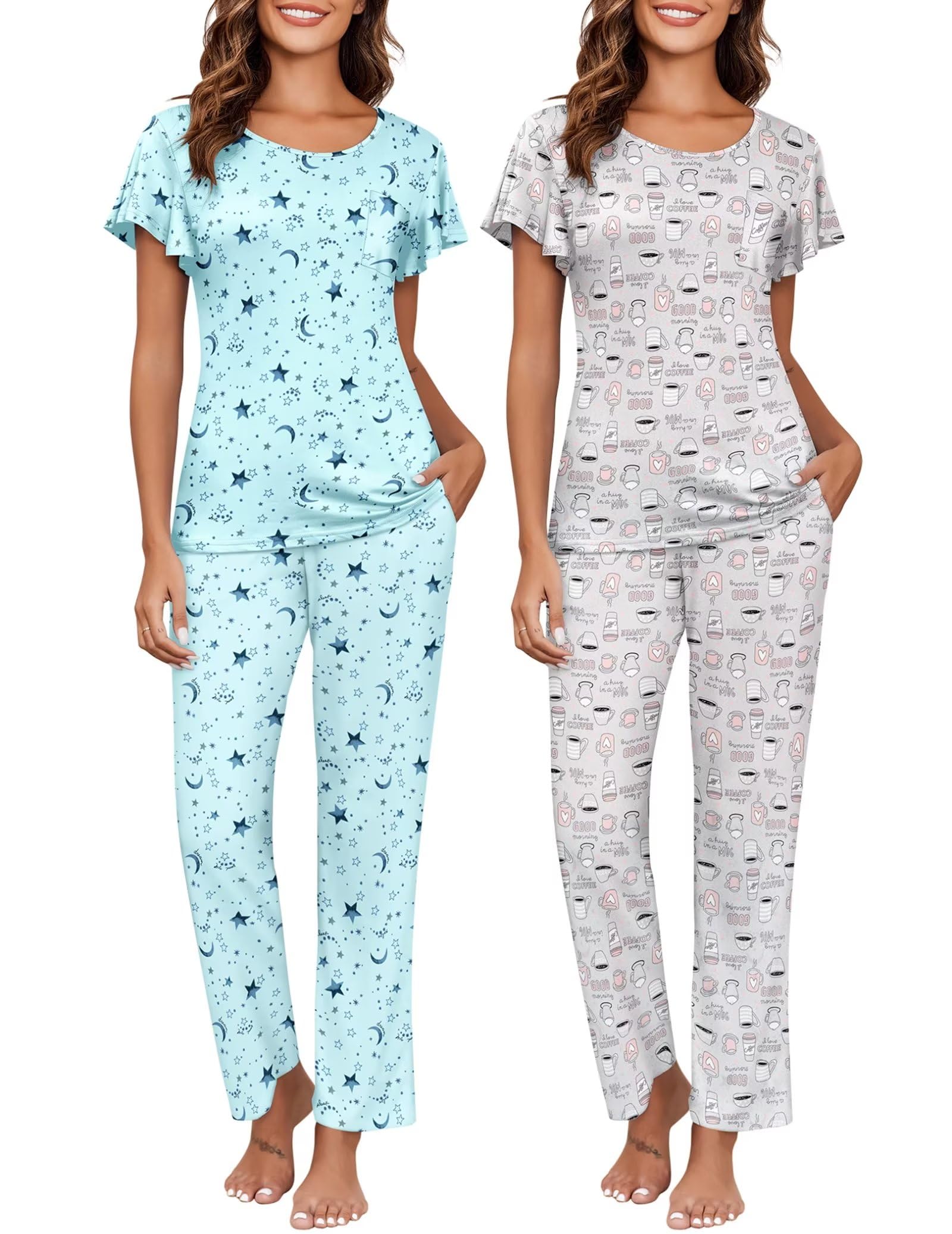 Ekouaer 2 Pack Womens Pajama Sets Short Sleeve with Long Pajama Pant Set Soft Sleepwear Printed Pj Lounge Set with Pockets Image