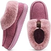 COFACE Women's Memory Foam House Slippers Arch Support Moccasin Winter Shoes Ladies Warm Fuzzy Faux Fur Collar With Indoor Outdoor Rubber Sole