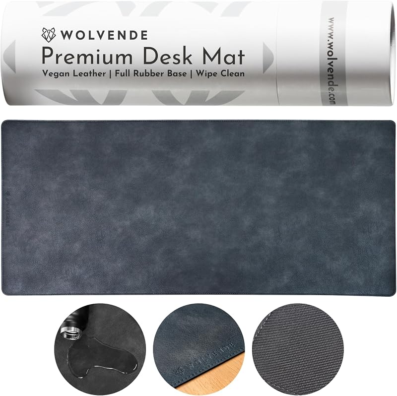 Wolvende Premium Distressed Faux Vegan Leather Desk Mat 40x90cm Black