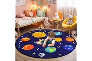 Boshengya Round Space Rug for Kids Room 40x40'' Solar System Circle Rugs for Bedroom Kids Rugs for Playroom Boys Space Planet Theme Rug Living Room Dining Room Decor