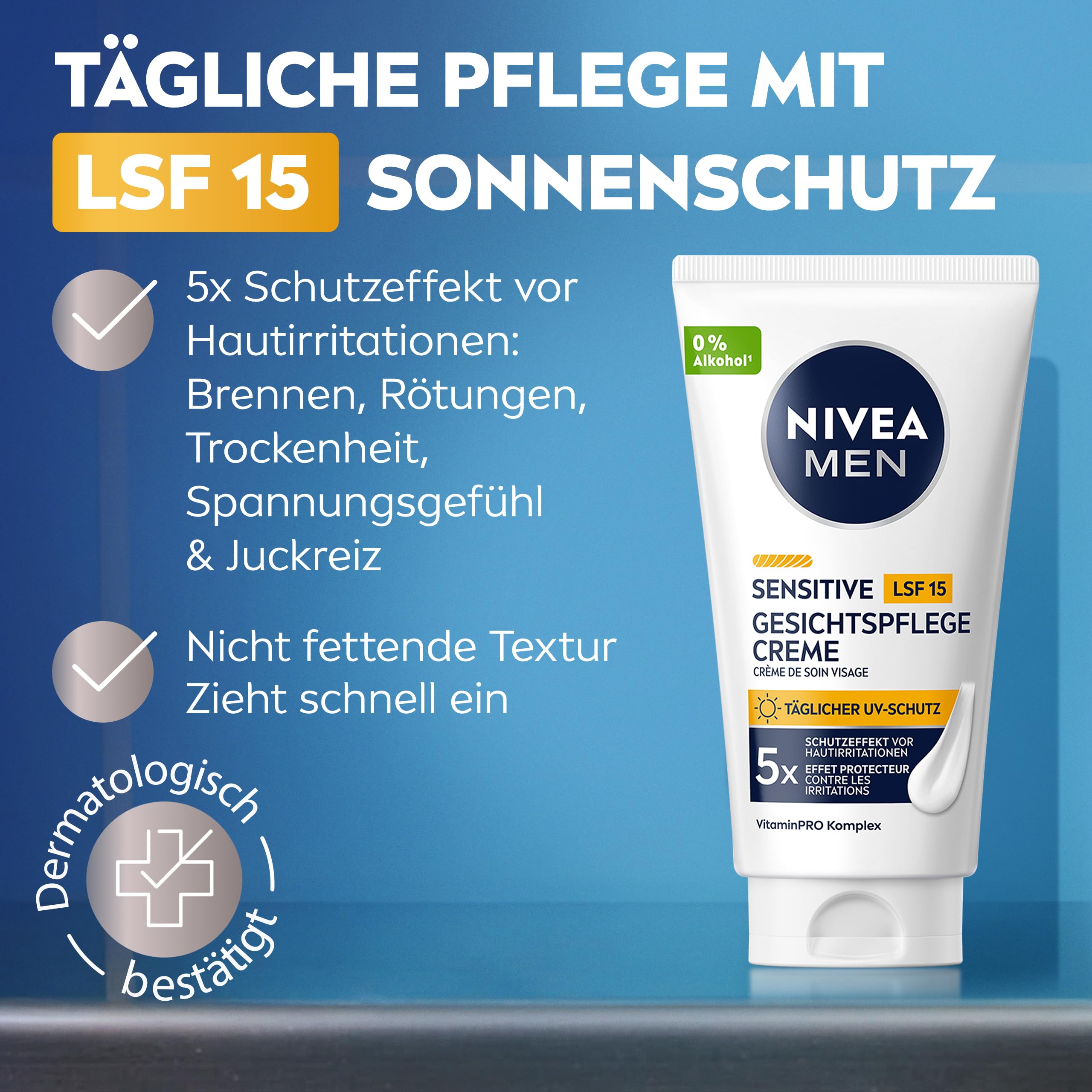 NIVEA MEN Sensitive Gesichtspflege Creme mit LSF 15, 24h Feuchtigkeitscreme für empfindliche Männerhaut, beruhigende Gesichtscreme zur Linderung von Hautirritationen (75 ml) 2